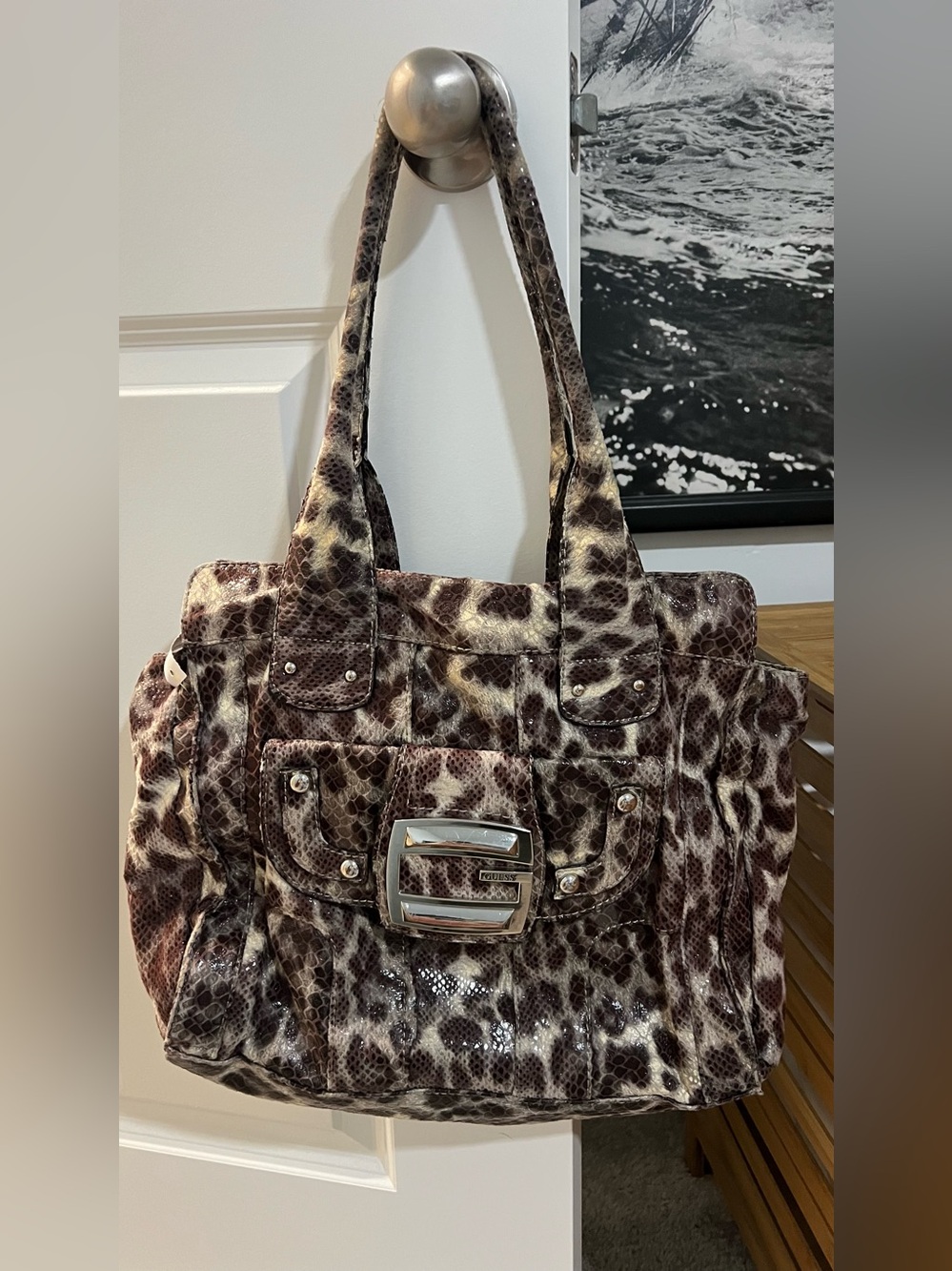 vintage Y2K Guess shoulder bag featuring a mixed leopard and snakeskin